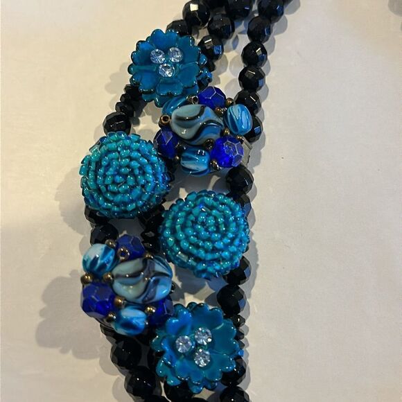 Elva Fields Triple Black Beaded Strand - (6) Turquoise Brooch Flowers Necklace - Picture 2 of 5